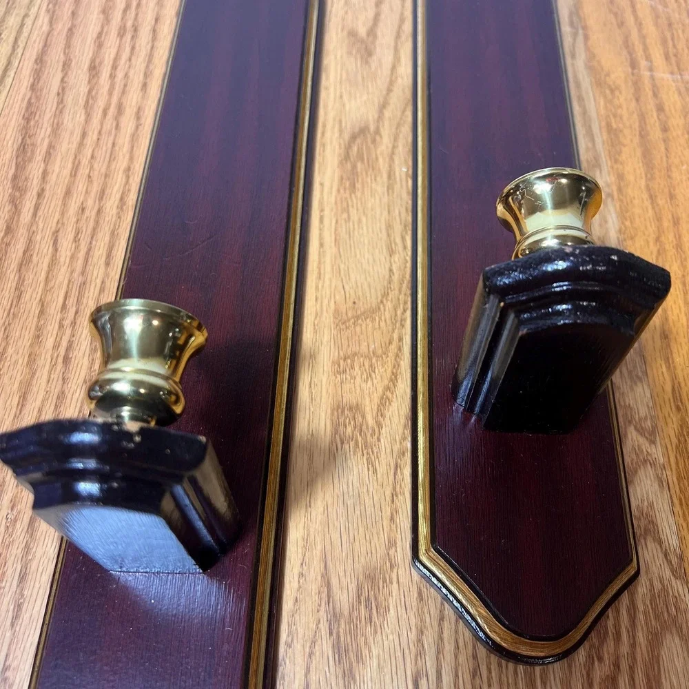 Vintage Pair Wood & Brass Wall Candle Sconces Federal Colonial Traditional Decor